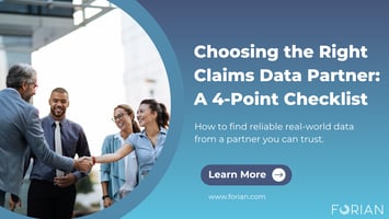 Business professionals shaking hands and smiling, with text that reads 'Choosing the Right Claims Data Partner: A 4-Point Checklist. How to find reliable real-world data from a partner you can trust.