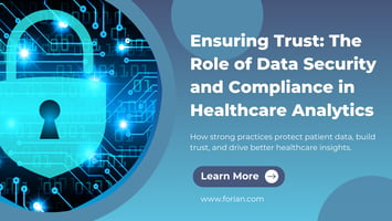 Graphic featuring a blue padlock with digital circuitry, symbolizing data security. Text highlights the importance of compliance in healthcare analytics.